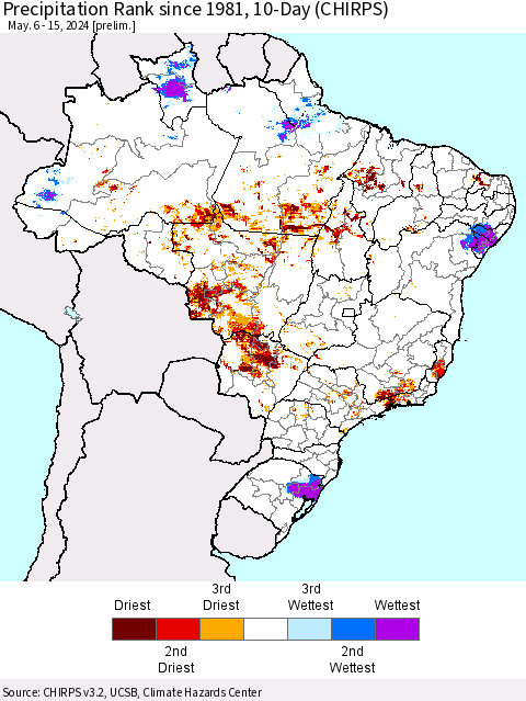 Brazil Precipitation Rank since 1981, 10-Day (CHIRPS) Thematic Map For 5/6/2024 - 5/15/2024