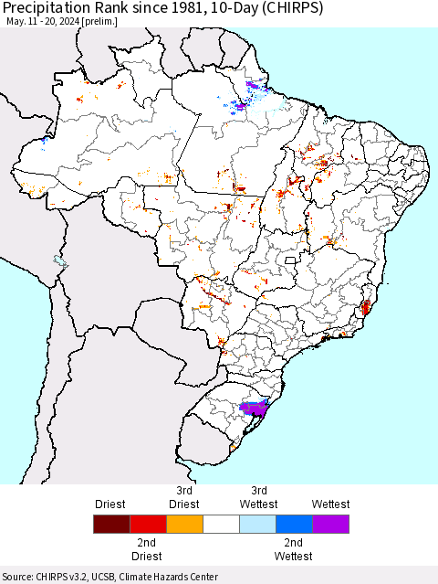 Brazil Precipitation Rank since 1981, 10-Day (CHIRPS) Thematic Map For 5/11/2024 - 5/20/2024