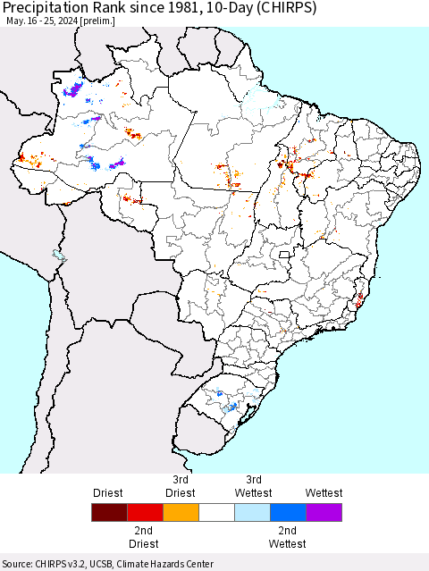 Brazil Precipitation Rank since 1981, 10-Day (CHIRPS) Thematic Map For 5/16/2024 - 5/25/2024