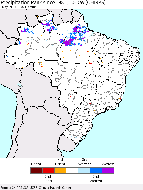 Brazil Precipitation Rank since 1981, 10-Day (CHIRPS) Thematic Map For 5/21/2024 - 5/31/2024