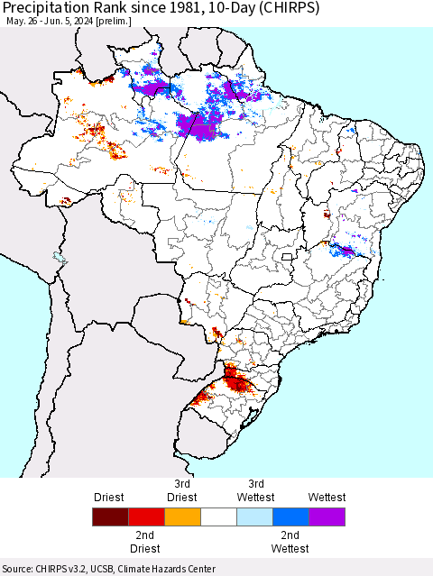 Brazil Precipitation Rank since 1981, 10-Day (CHIRPS) Thematic Map For 5/26/2024 - 6/5/2024
