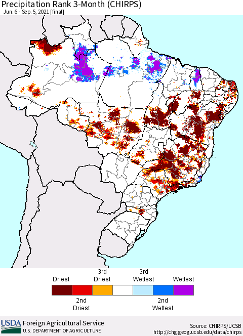 Brazil Precipitation Rank since 1981, 3-Month (CHIRPS) Thematic Map For 6/6/2021 - 9/5/2021
