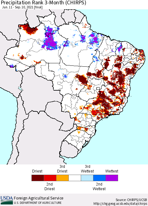 Brazil Precipitation Rank since 1981, 3-Month (CHIRPS) Thematic Map For 6/11/2021 - 9/10/2021
