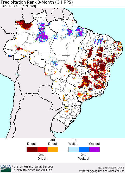 Brazil Precipitation Rank since 1981, 3-Month (CHIRPS) Thematic Map For 6/16/2021 - 9/15/2021