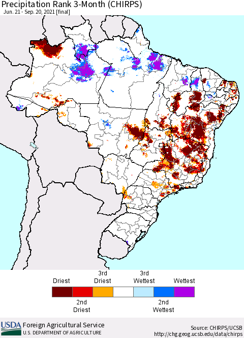 Brazil Precipitation Rank since 1981, 3-Month (CHIRPS) Thematic Map For 6/21/2021 - 9/20/2021