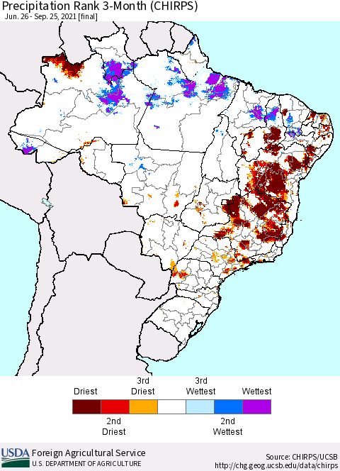 Brazil Precipitation Rank since 1981, 3-Month (CHIRPS) Thematic Map For 6/26/2021 - 9/25/2021
