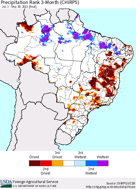 Brazil Precipitation Rank since 1981, 3-Month (CHIRPS) Thematic Map For 7/1/2021 - 9/30/2021