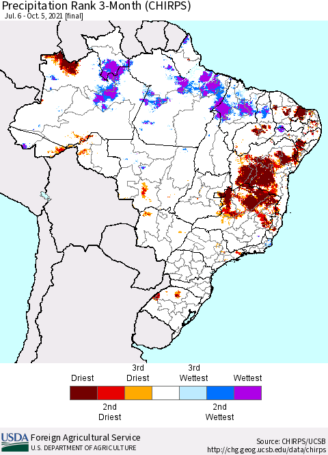 Brazil Precipitation Rank since 1981, 3-Month (CHIRPS) Thematic Map For 7/6/2021 - 10/5/2021