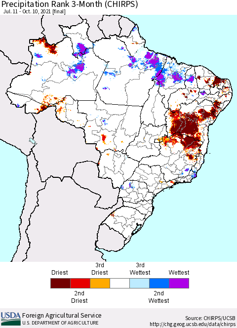 Brazil Precipitation Rank since 1981, 3-Month (CHIRPS) Thematic Map For 7/11/2021 - 10/10/2021