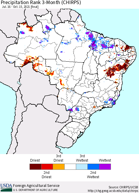 Brazil Precipitation Rank since 1981, 3-Month (CHIRPS) Thematic Map For 7/16/2021 - 10/15/2021