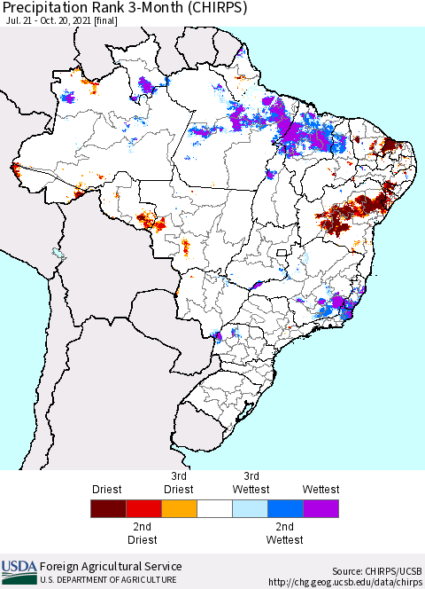 Brazil Precipitation Rank since 1981, 3-Month (CHIRPS) Thematic Map For 7/21/2021 - 10/20/2021