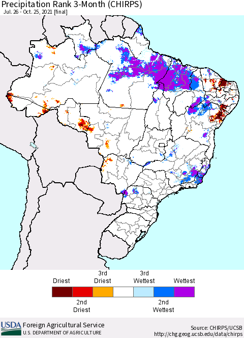 Brazil Precipitation Rank since 1981, 3-Month (CHIRPS) Thematic Map For 7/26/2021 - 10/25/2021