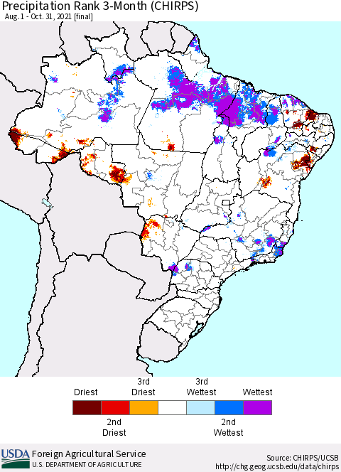 Brazil Precipitation Rank since 1981, 3-Month (CHIRPS) Thematic Map For 8/1/2021 - 10/31/2021