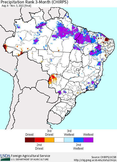 Brazil Precipitation Rank since 1981, 3-Month (CHIRPS) Thematic Map For 8/6/2021 - 11/5/2021
