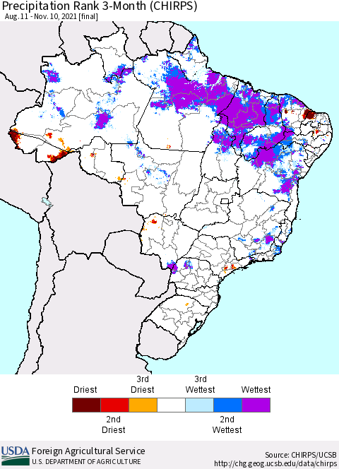 Brazil Precipitation Rank since 1981, 3-Month (CHIRPS) Thematic Map For 8/11/2021 - 11/10/2021