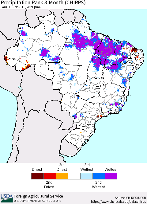 Brazil Precipitation Rank since 1981, 3-Month (CHIRPS) Thematic Map For 8/16/2021 - 11/15/2021