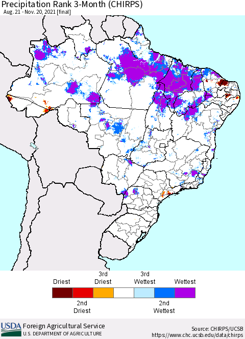 Brazil Precipitation Rank since 1981, 3-Month (CHIRPS) Thematic Map For 8/21/2021 - 11/20/2021