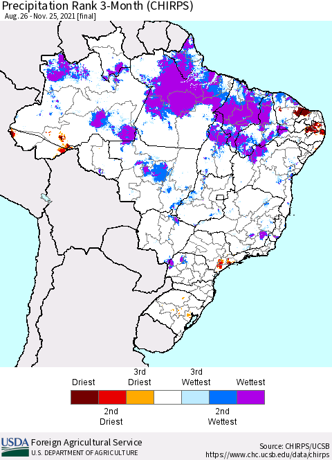 Brazil Precipitation Rank since 1981, 3-Month (CHIRPS) Thematic Map For 8/26/2021 - 11/25/2021