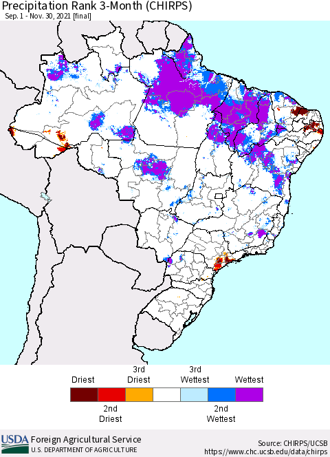 Brazil Precipitation Rank since 1981, 3-Month (CHIRPS) Thematic Map For 9/1/2021 - 11/30/2021