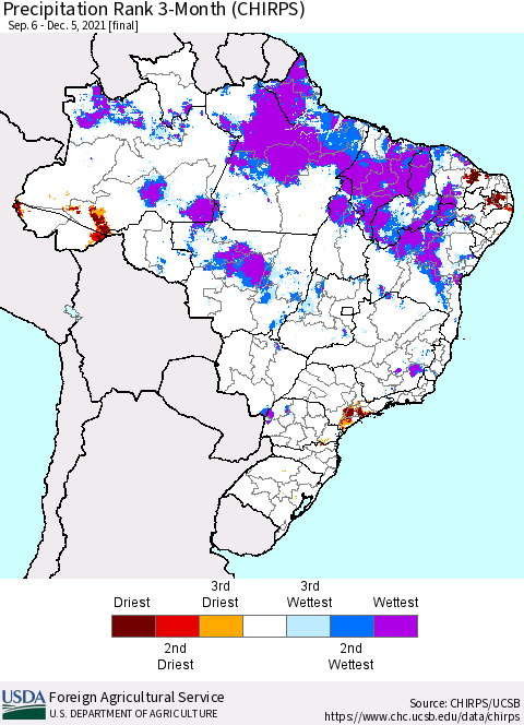 Brazil Precipitation Rank since 1981, 3-Month (CHIRPS) Thematic Map For 9/6/2021 - 12/5/2021
