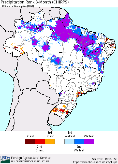 Brazil Precipitation Rank since 1981, 3-Month (CHIRPS) Thematic Map For 9/11/2021 - 12/10/2021