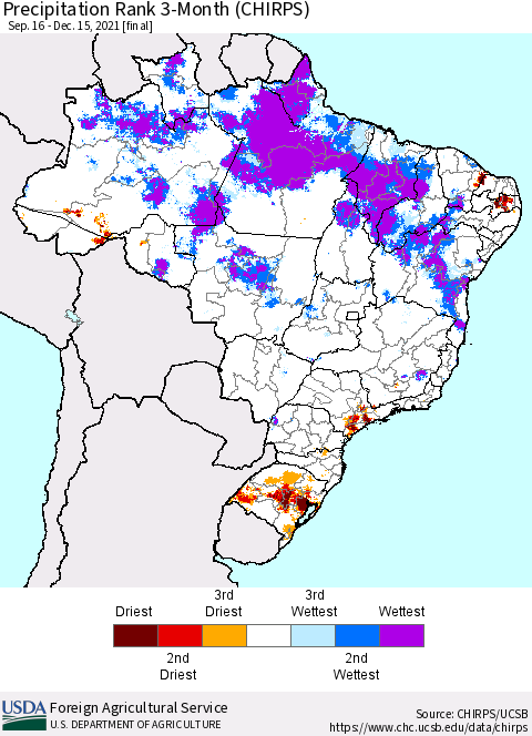 Brazil Precipitation Rank since 1981, 3-Month (CHIRPS) Thematic Map For 9/16/2021 - 12/15/2021
