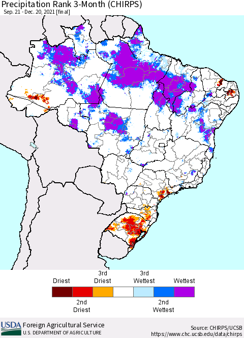 Brazil Precipitation Rank since 1981, 3-Month (CHIRPS) Thematic Map For 9/21/2021 - 12/20/2021