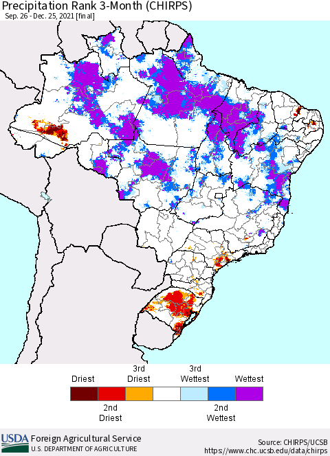 Brazil Precipitation Rank since 1981, 3-Month (CHIRPS) Thematic Map For 9/26/2021 - 12/25/2021