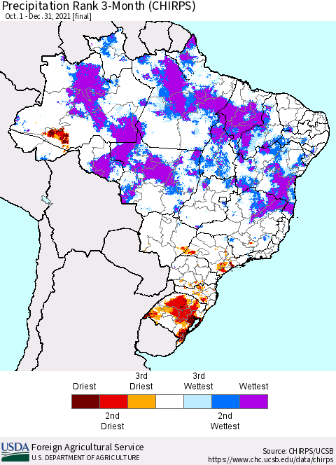 Brazil Precipitation Rank since 1981, 3-Month (CHIRPS) Thematic Map For 10/1/2021 - 12/31/2021