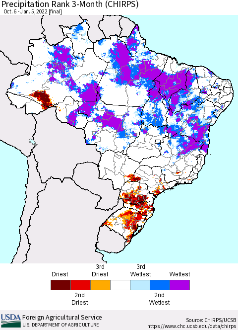 Brazil Precipitation Rank since 1981, 3-Month (CHIRPS) Thematic Map For 10/6/2021 - 1/5/2022