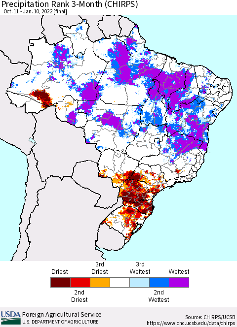 Brazil Precipitation Rank since 1981, 3-Month (CHIRPS) Thematic Map For 10/11/2021 - 1/10/2022