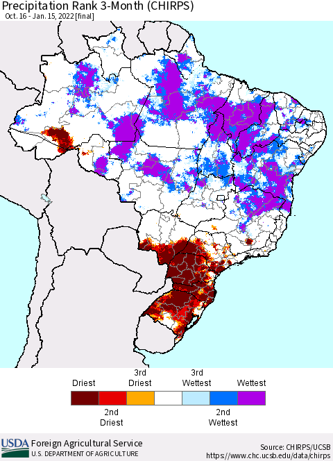Brazil Precipitation Rank since 1981, 3-Month (CHIRPS) Thematic Map For 10/16/2021 - 1/15/2022