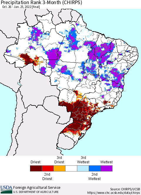 Brazil Precipitation Rank since 1981, 3-Month (CHIRPS) Thematic Map For 10/26/2021 - 1/25/2022