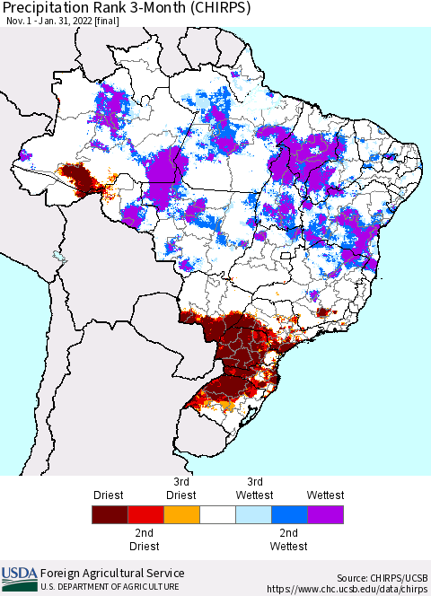 Brazil Precipitation Rank since 1981, 3-Month (CHIRPS) Thematic Map For 11/1/2021 - 1/31/2022