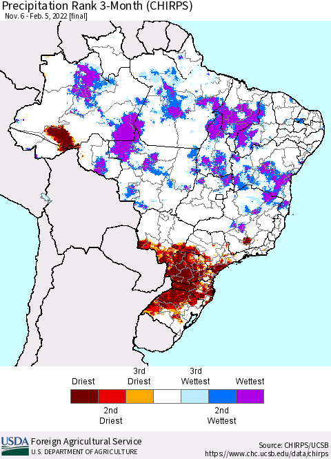 Brazil Precipitation Rank since 1981, 3-Month (CHIRPS) Thematic Map For 11/6/2021 - 2/5/2022