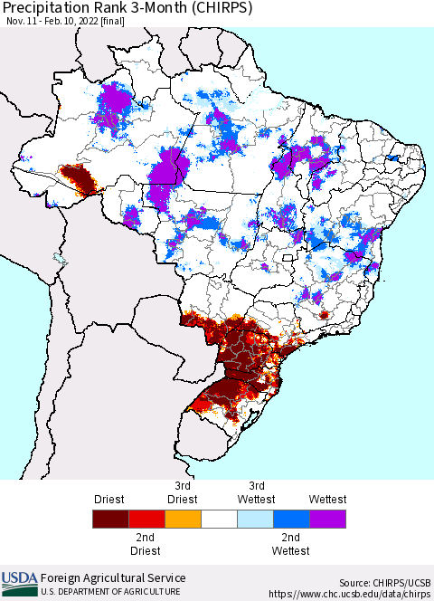 Brazil Precipitation Rank since 1981, 3-Month (CHIRPS) Thematic Map For 11/11/2021 - 2/10/2022