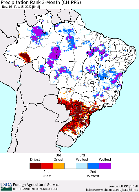 Brazil Precipitation Rank since 1981, 3-Month (CHIRPS) Thematic Map For 11/16/2021 - 2/15/2022
