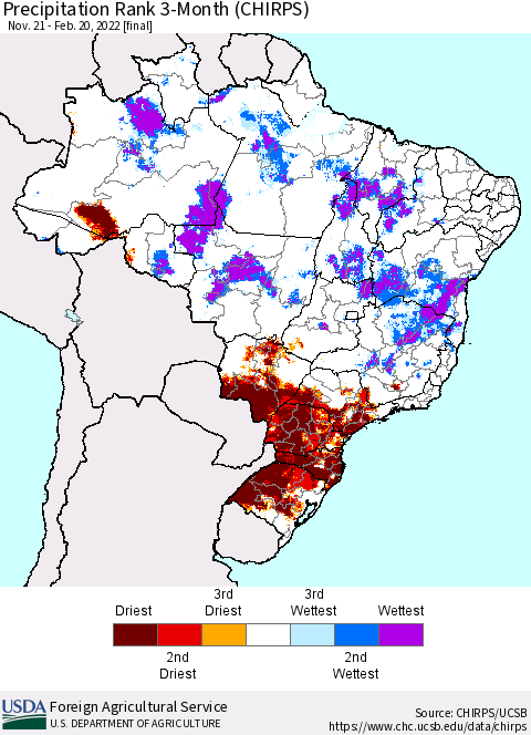 Brazil Precipitation Rank since 1981, 3-Month (CHIRPS) Thematic Map For 11/21/2021 - 2/20/2022