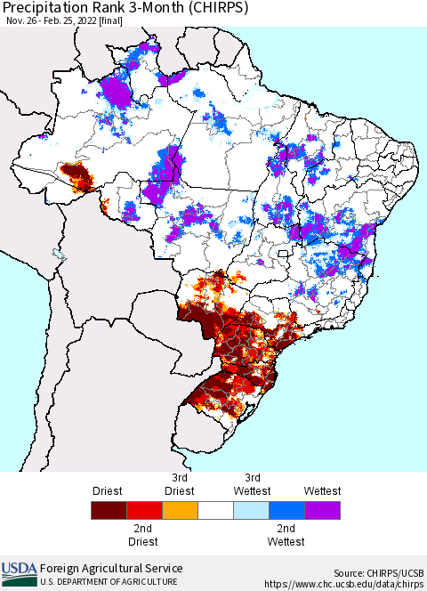 Brazil Precipitation Rank since 1981, 3-Month (CHIRPS) Thematic Map For 11/26/2021 - 2/25/2022