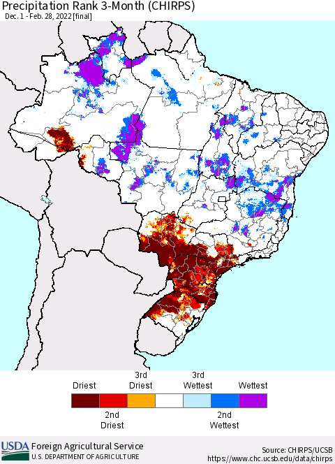 Brazil Precipitation Rank since 1981, 3-Month (CHIRPS) Thematic Map For 12/1/2021 - 2/28/2022