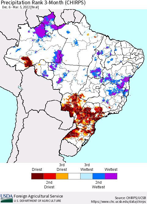 Brazil Precipitation Rank since 1981, 3-Month (CHIRPS) Thematic Map For 12/6/2021 - 3/5/2022