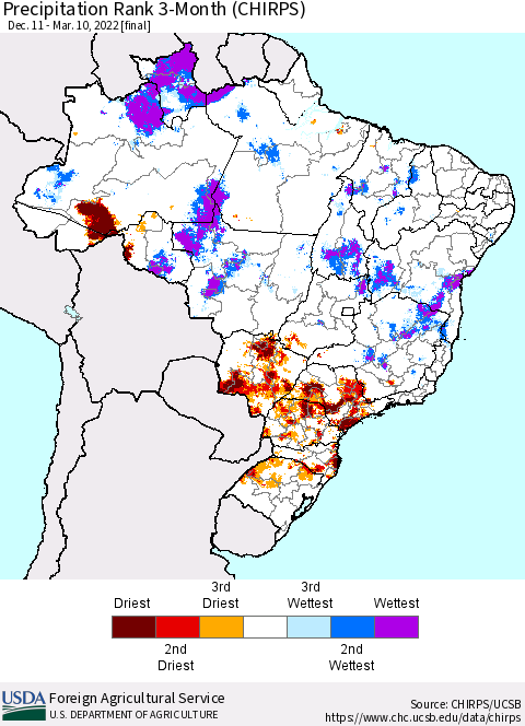 Brazil Precipitation Rank since 1981, 3-Month (CHIRPS) Thematic Map For 12/11/2021 - 3/10/2022
