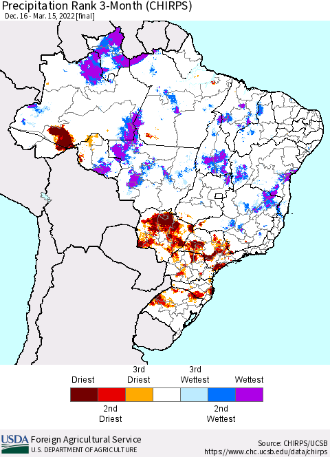 Brazil Precipitation Rank since 1981, 3-Month (CHIRPS) Thematic Map For 12/16/2021 - 3/15/2022