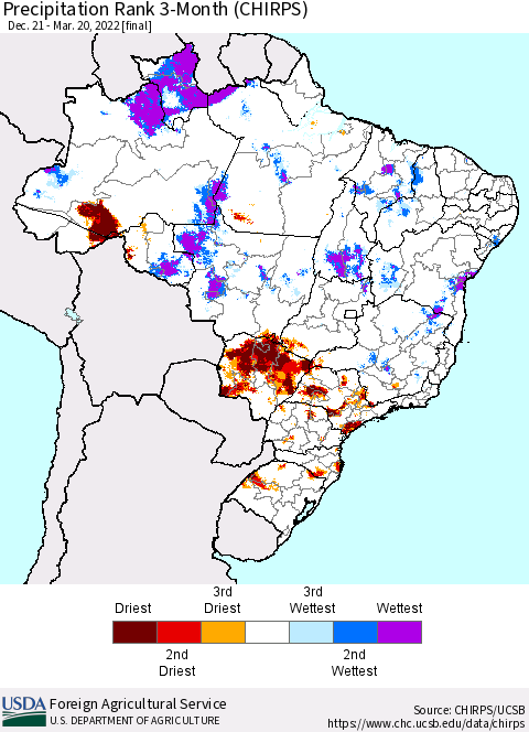 Brazil Precipitation Rank since 1981, 3-Month (CHIRPS) Thematic Map For 12/21/2021 - 3/20/2022