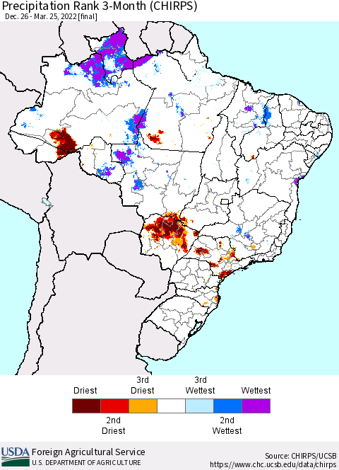 Brazil Precipitation Rank since 1981, 3-Month (CHIRPS) Thematic Map For 12/26/2021 - 3/25/2022