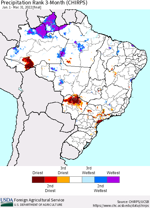 Brazil Precipitation Rank since 1981, 3-Month (CHIRPS) Thematic Map For 1/1/2022 - 3/31/2022