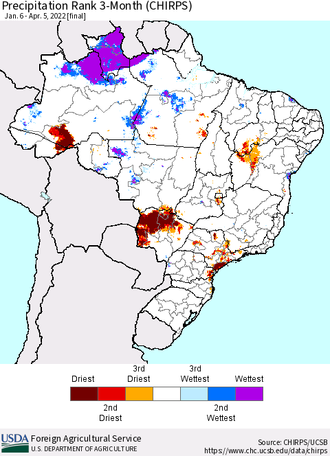 Brazil Precipitation Rank since 1981, 3-Month (CHIRPS) Thematic Map For 1/6/2022 - 4/5/2022