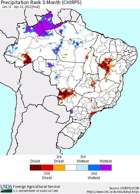 Brazil Precipitation Rank since 1981, 3-Month (CHIRPS) Thematic Map For 1/11/2022 - 4/10/2022