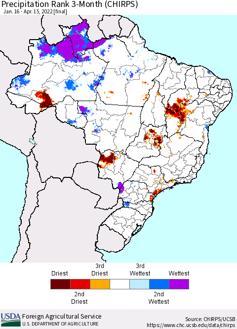Brazil Precipitation Rank since 1981, 3-Month (CHIRPS) Thematic Map For 1/16/2022 - 4/15/2022
