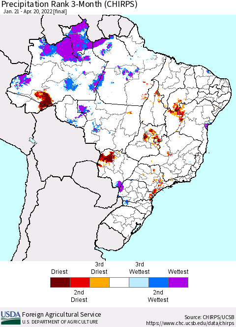 Brazil Precipitation Rank since 1981, 3-Month (CHIRPS) Thematic Map For 1/21/2022 - 4/20/2022